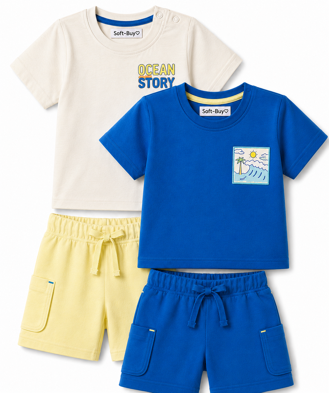 Soft-Buy Cotton T-Shirt & Cargo Short Set – Beach Print (Pack of 2)