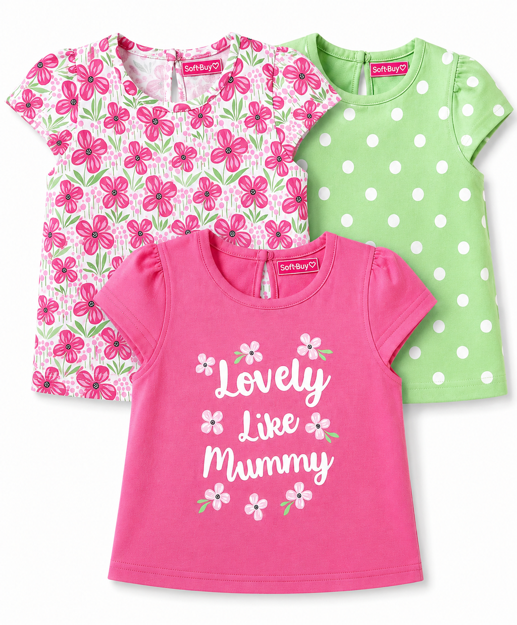Soft-Buy Cotton T-Shirts – Polka Dot & Floral (Pack of 3, Pink/Green)