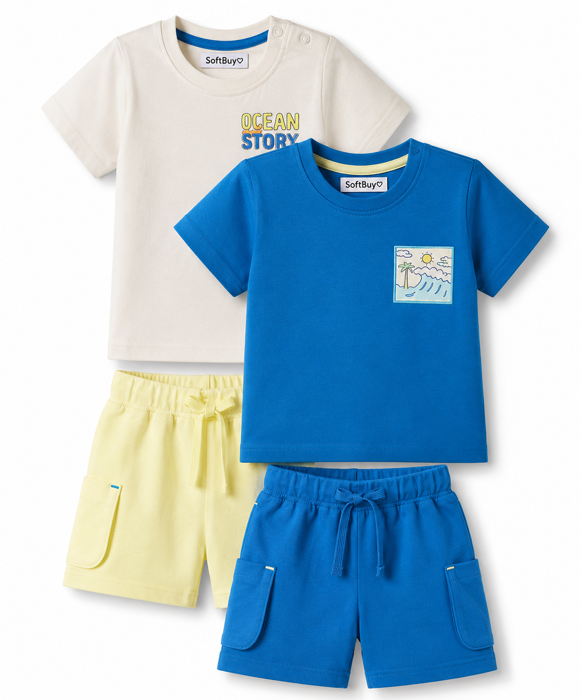 SoftBuy 100% Cotton Knit Half Sleeves T-Shirts & Cargo Short Set with Beach Theme Print (Pack of 2) - Blue & White & Light Yellow