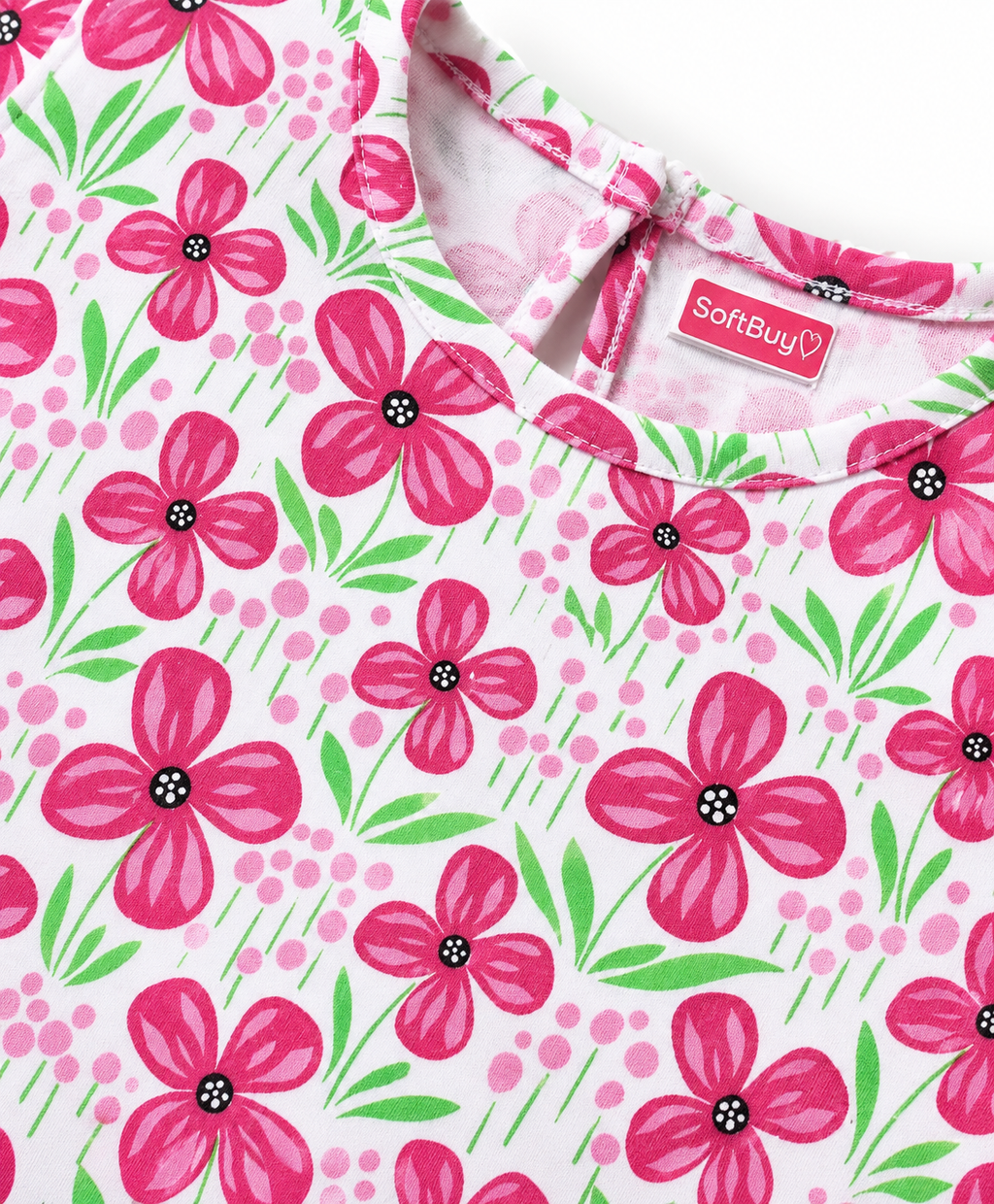 Softbuy Cotton Knit Short Sleeves T-Shirts with Polka Dot and Floral Print (Pack of 3) - Pink/Light Green