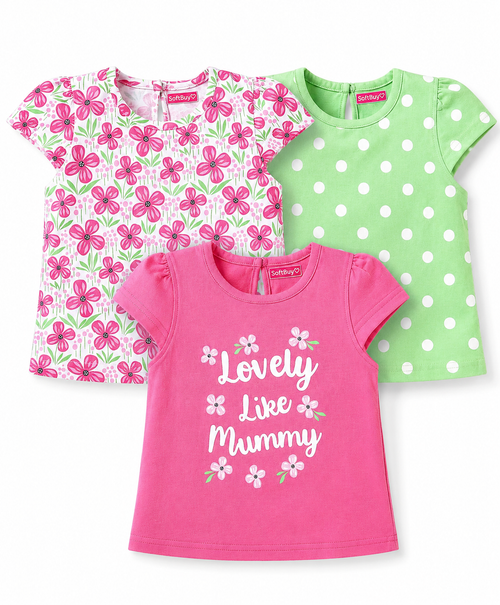 Softbuy Cotton Knit Short Sleeves T-Shirts with Polka Dot and Floral Print (Pack of 3) - Pink/Light Green
