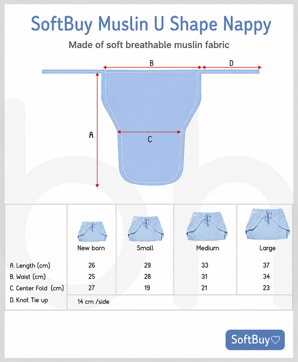 SoftBuy Reusable Muslin U Shaped Nappy Set, Extra Small, Multicolor - 5 Pieces