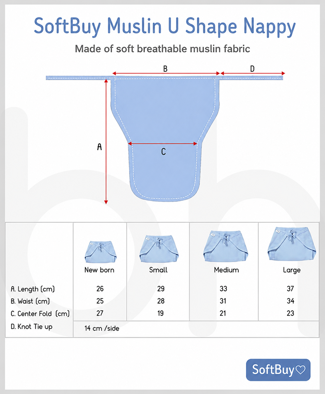 SoftBuy Reusable Muslin U Shaped Nappy Set, Extra Small, Multicolor - 5 Pieces