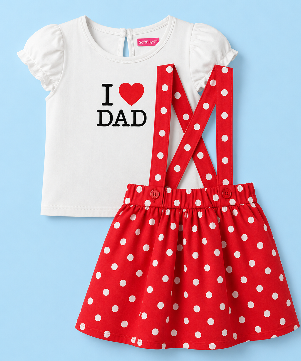 Softbuy Single Jersey Knit Half Sleeves Top & Skirt Set with Text & Polka Dot Print - White & Red