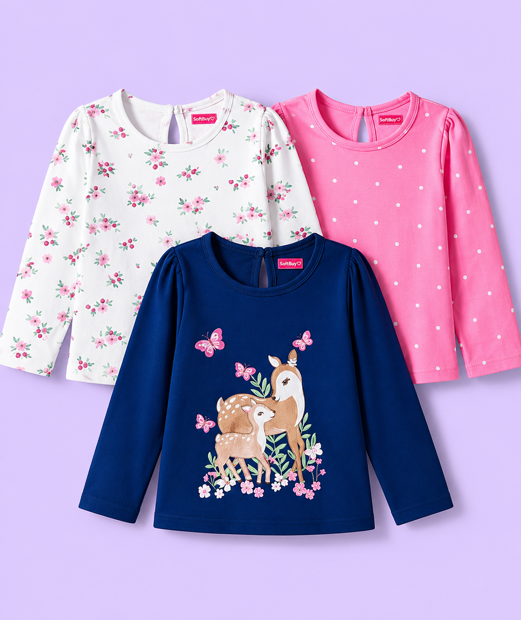 Softbuy 100% Cotton Single Jersey Knit Full Sleeves T-Shirt With Floral & Animal Print, Pack Of 3 - Navy Blue/ Pink/ White