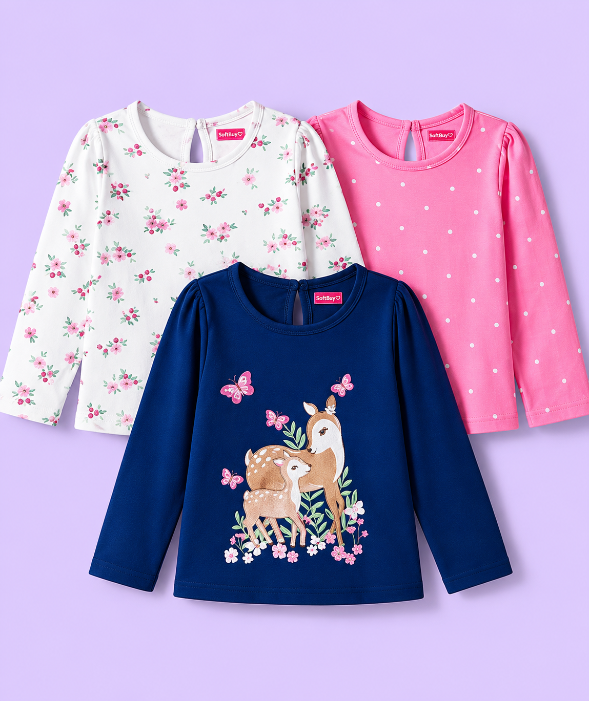 Softbuy 100% Cotton Single Jersey Knit Full Sleeves T-Shirt With Floral & Animal Print, Pack Of 3 - Navy Blue/ Pink/ White